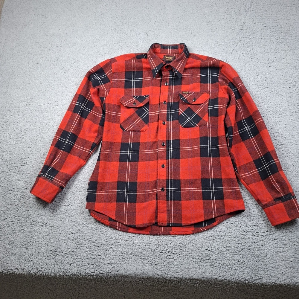 Vintage 70s 80s Red Black Plaid Wrangler Shacket L Western Button Flannel Shirt